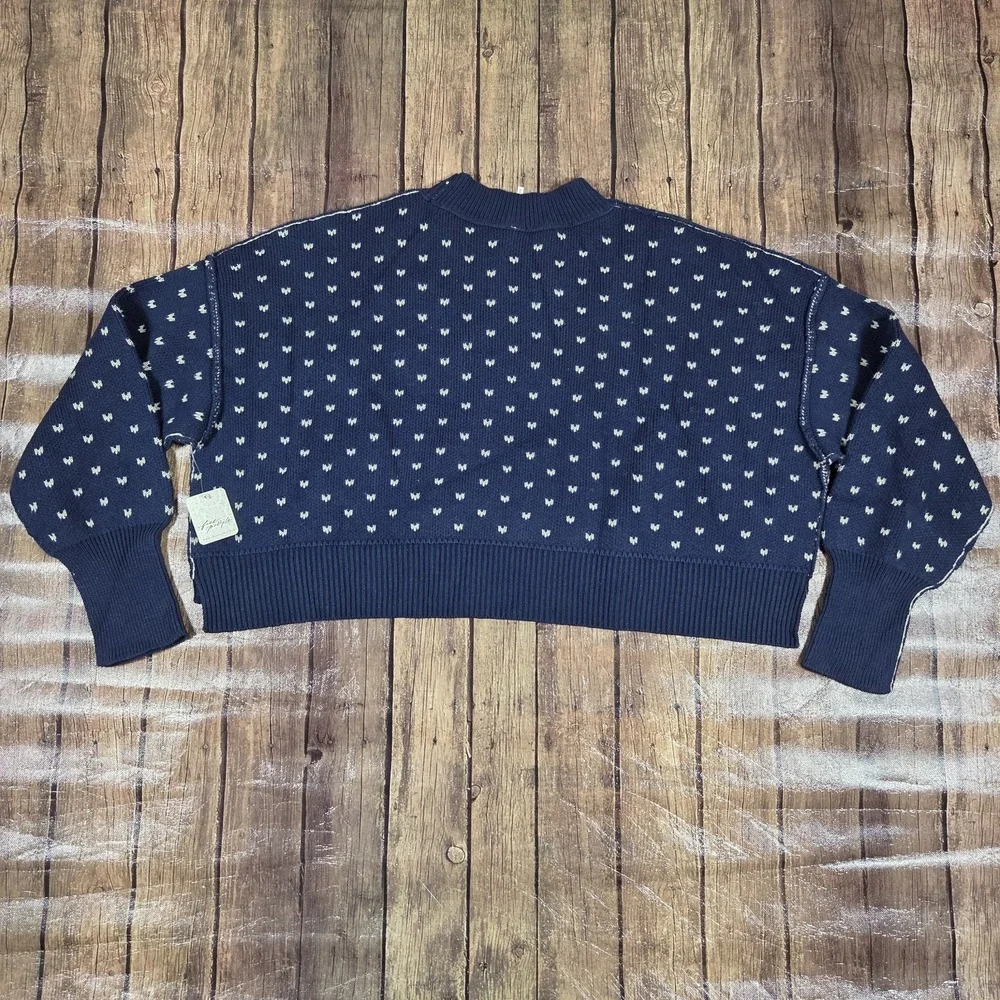Free People Easy Street Patterned Crop Sweater Womens M Navy Oversized Cozy